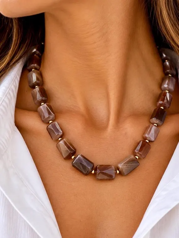 Chocolate Moonstone Necklace, 14k Gold-Filled Accents - The Delphine