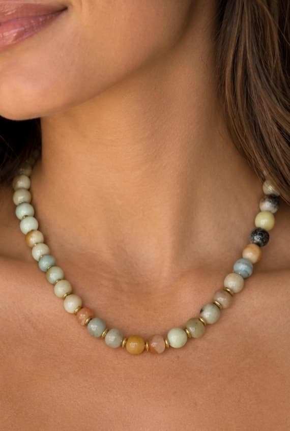 Amazonite Beaded Necklace with Gold Accents - The Carmel
