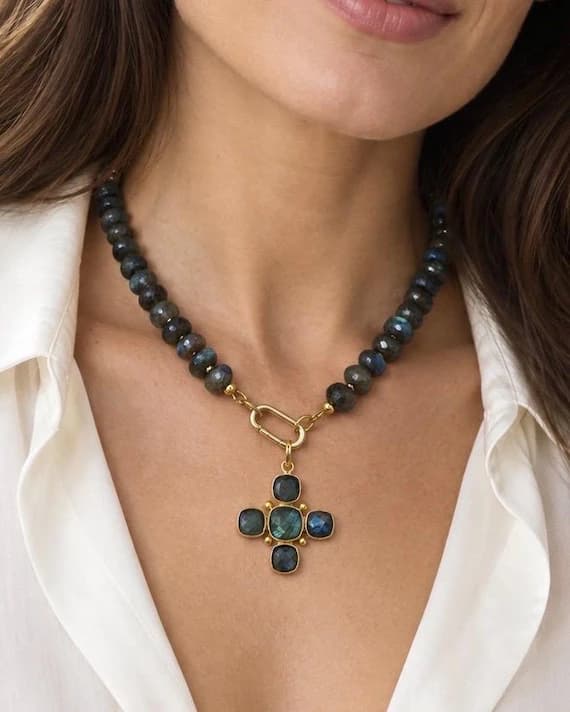 The Monaco - Labradorite Necklace: Faceted Gemstones, Gold Accents, Removable Cross Pendant
