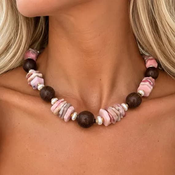 The Paloma Necklace | Pink Opal, Wood & Pearl Statement Necklace