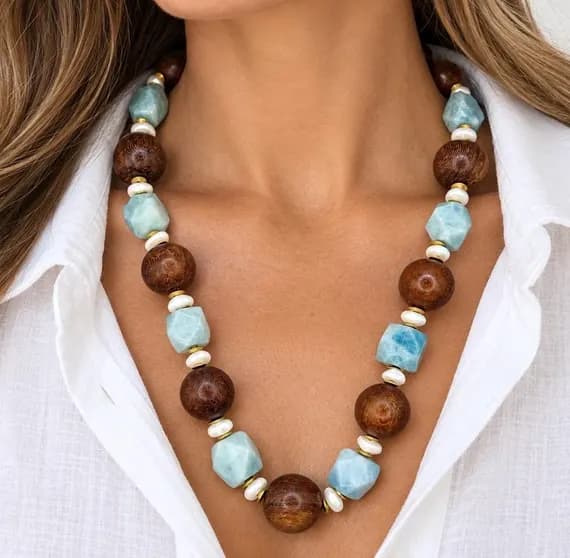 The Cove Necklace | Blue Gemstone, Wood & Freshwater Pearl Statement Necklace | Handmade Coastal Luxury Jewelry