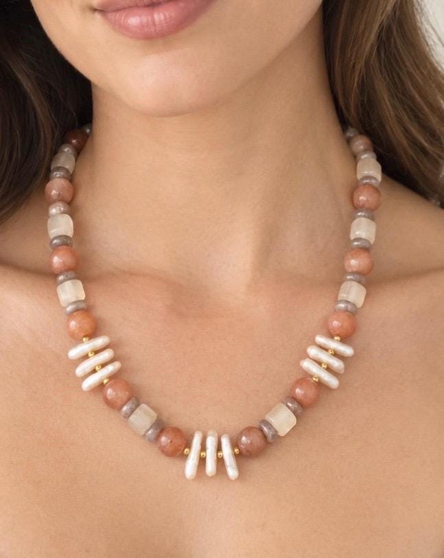 The Soleil necklace, peach moonstone and freshwater pearl, photograph 1 of 3