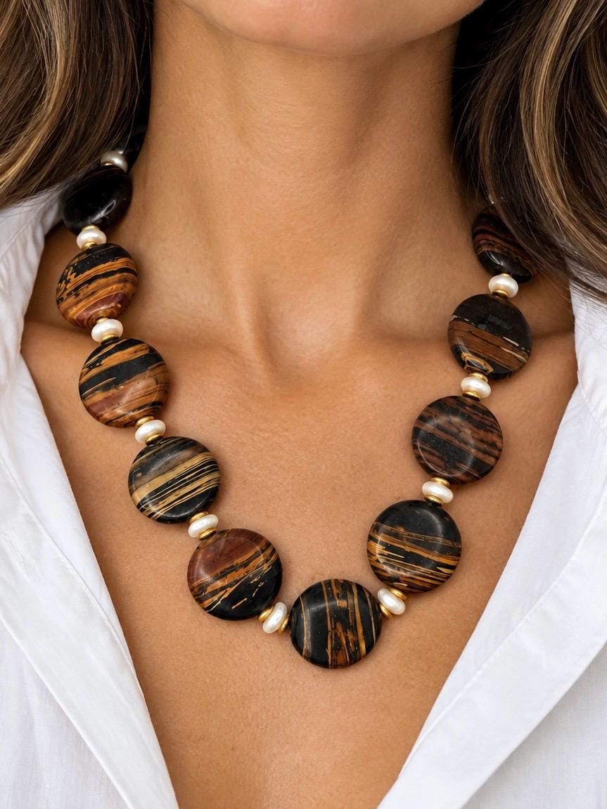 Tiger iron necklace worn at the neckline