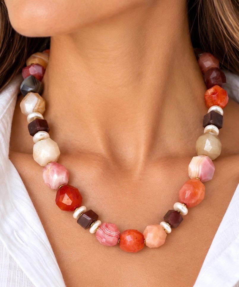 Agate necklace worn at the neckline