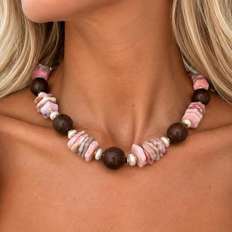 The Paloma necklace, pink opal, wood and pearl, photograph 1 of 3