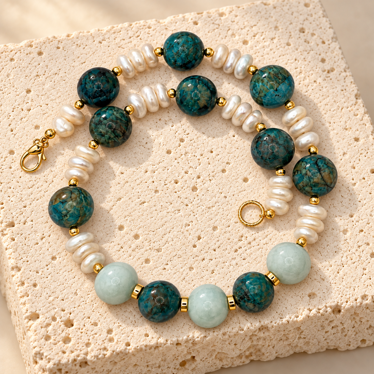 The Maren necklace, teal chrysocolla, pearl stacks and pale green jade, photograph 1 of 4