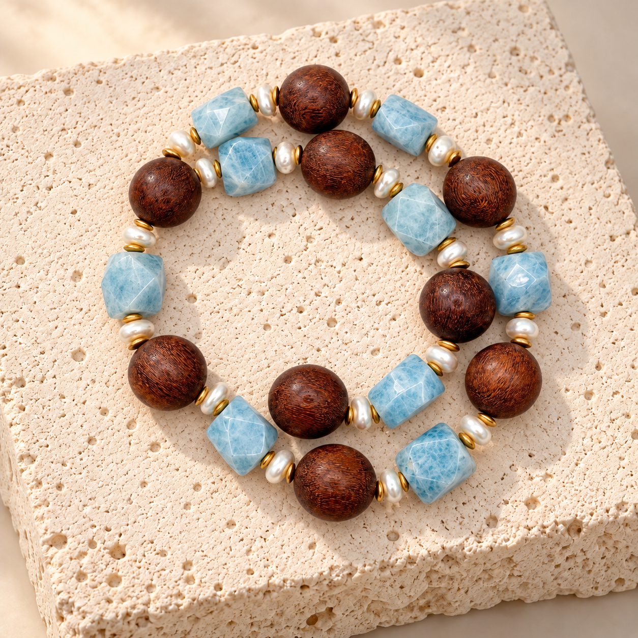 The Cove necklace, aquamarine nuggets, wood beads and pearls, photograph 1 of 4