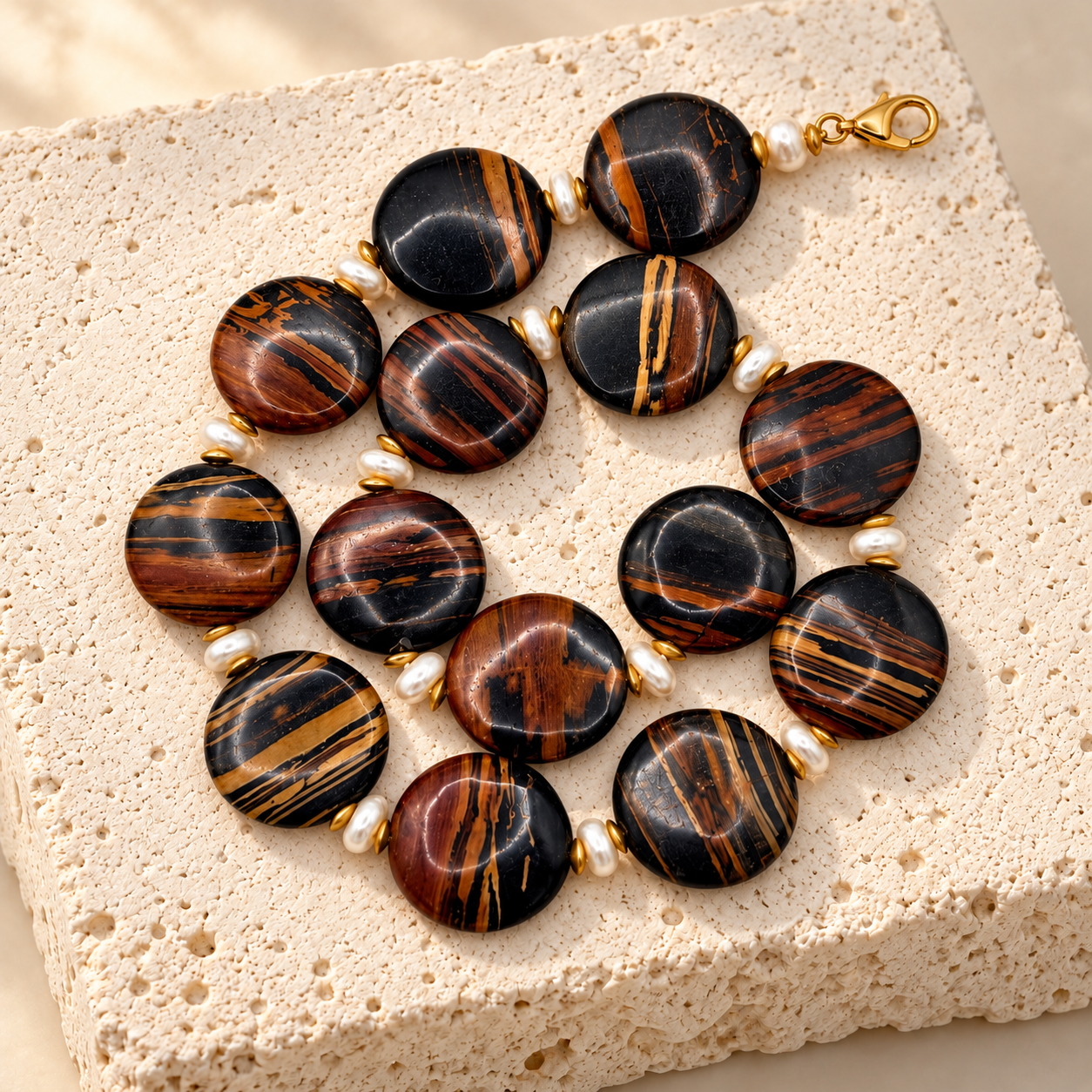 The Sutton necklace, tiger's eye coins and pearls, photograph 1 of 4